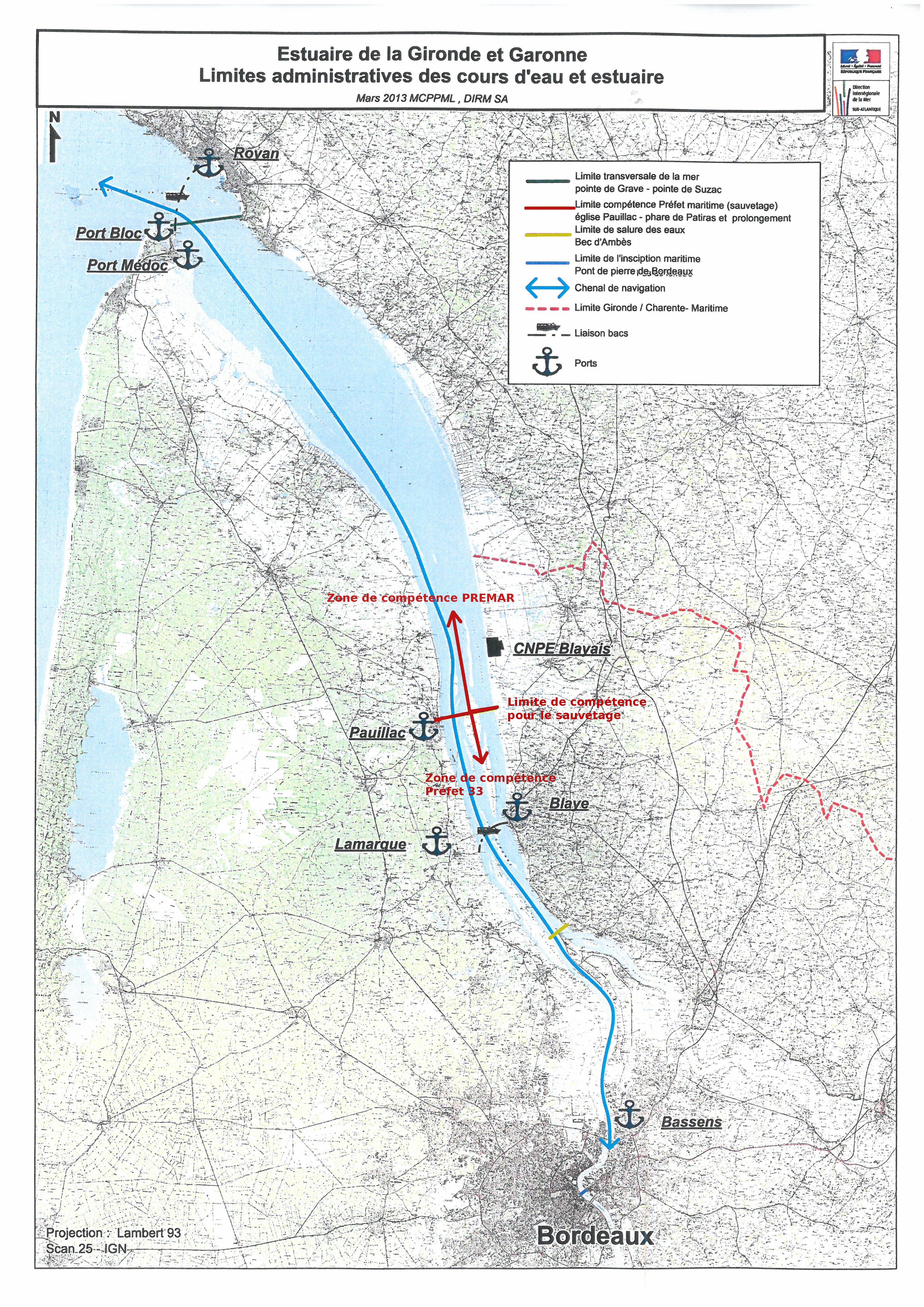 Carte des limites de compétences dans l'estuaire de la Gironde et la Garonne et Dordogne Maritimes