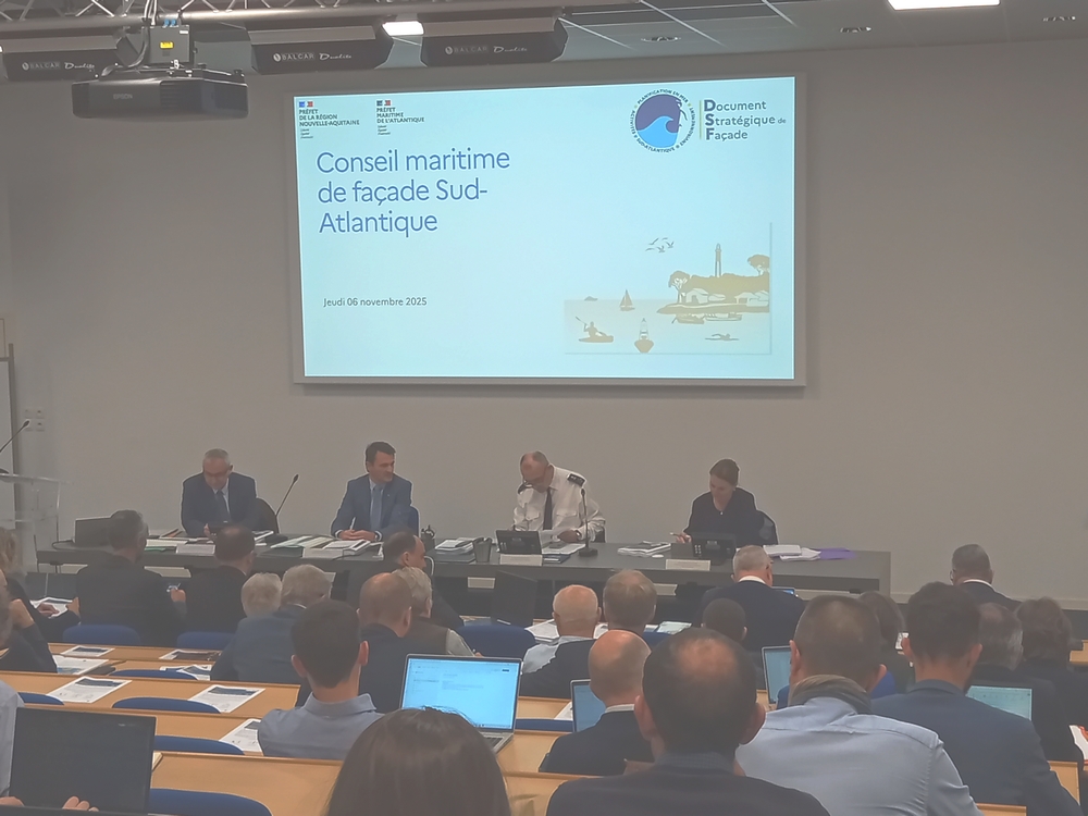 De gauche à droite : M. le Directeur interrégional de la mer Sud-Atlantique Édouard PERRIER, M. Sylvain PELLETERET, Secrétaire général pour les affaires régionales au sein de la préfecture de région Nouvelle -Aquitaine, M. le Préfet Maritime de l'Atlantique Jean-François QUÉRAT et Mme Nathalie Le Yondre ( Présidente de la Commission Permanente du CMF SA)